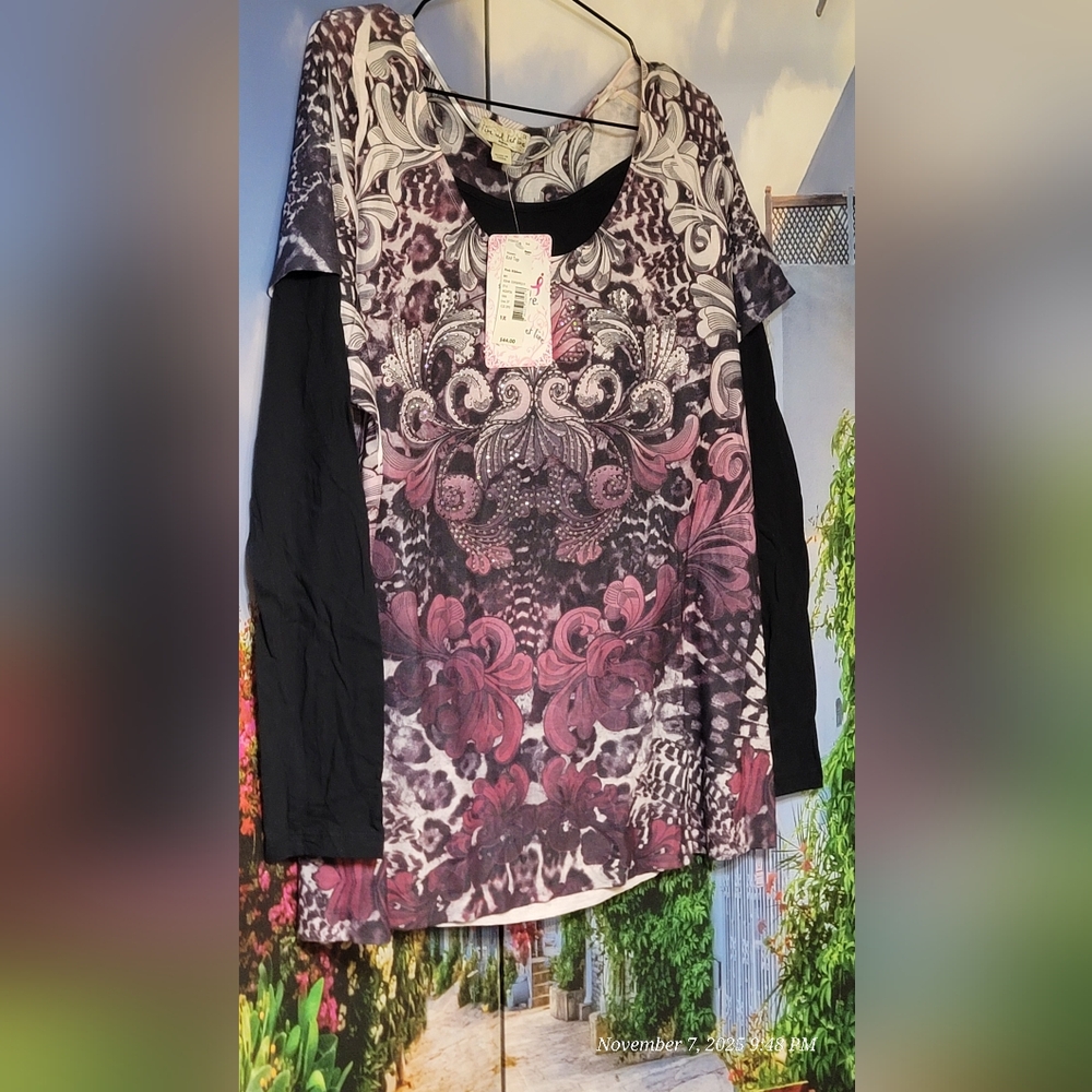Live And Let Live Sears Pink and Black Knit Top Sz 1x Rhinestones